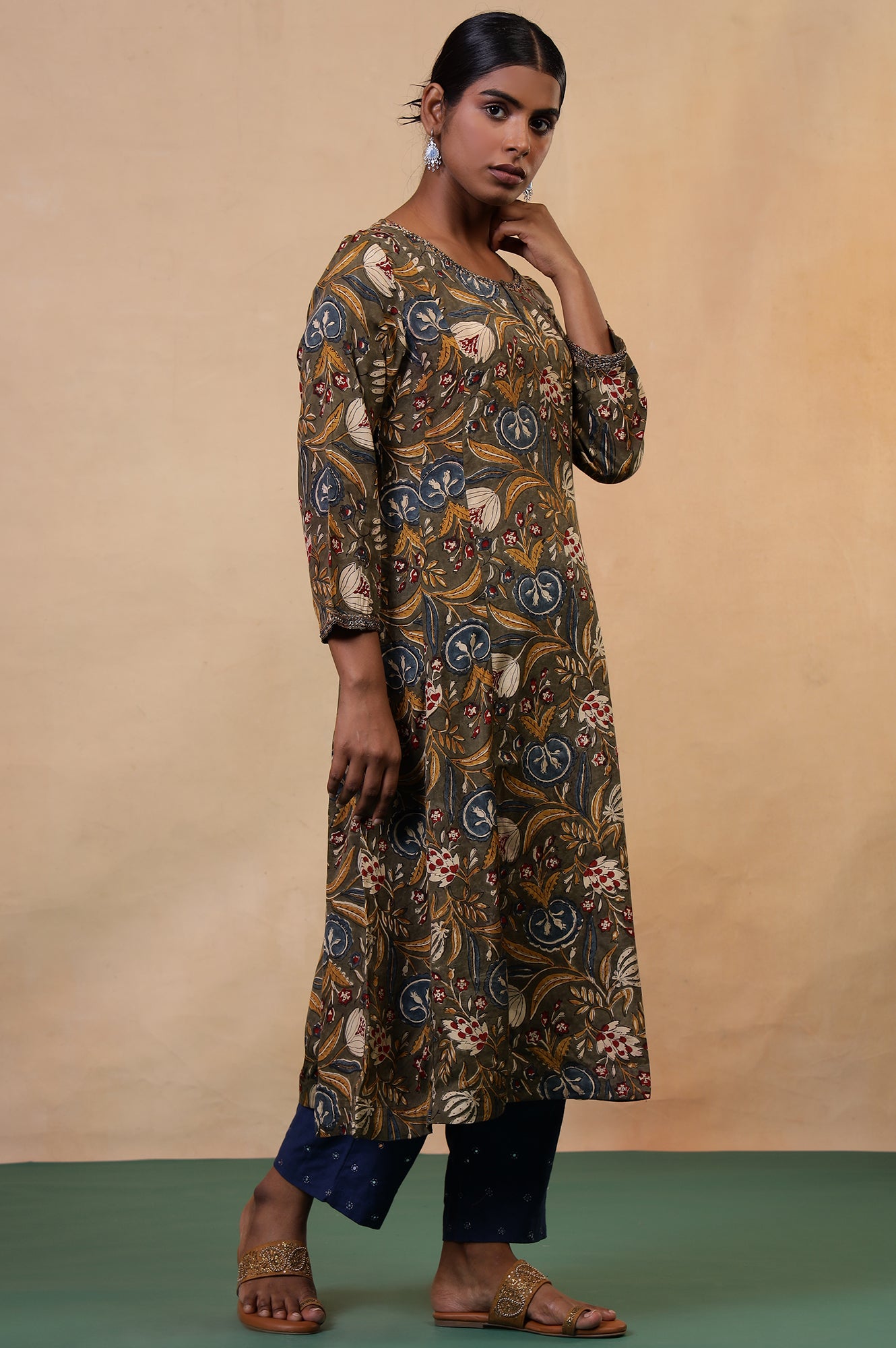 Folksong Golden Olive Floral Metallic Embroidered Viscose Flared Kurta