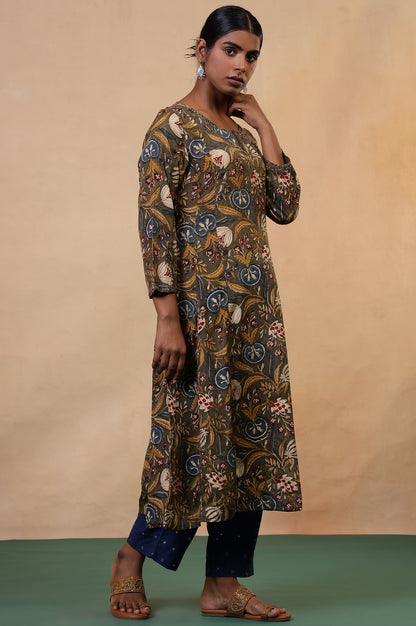 Folksong Golden Olive Floral Metallic Embroidered Viscose Flared Kurta