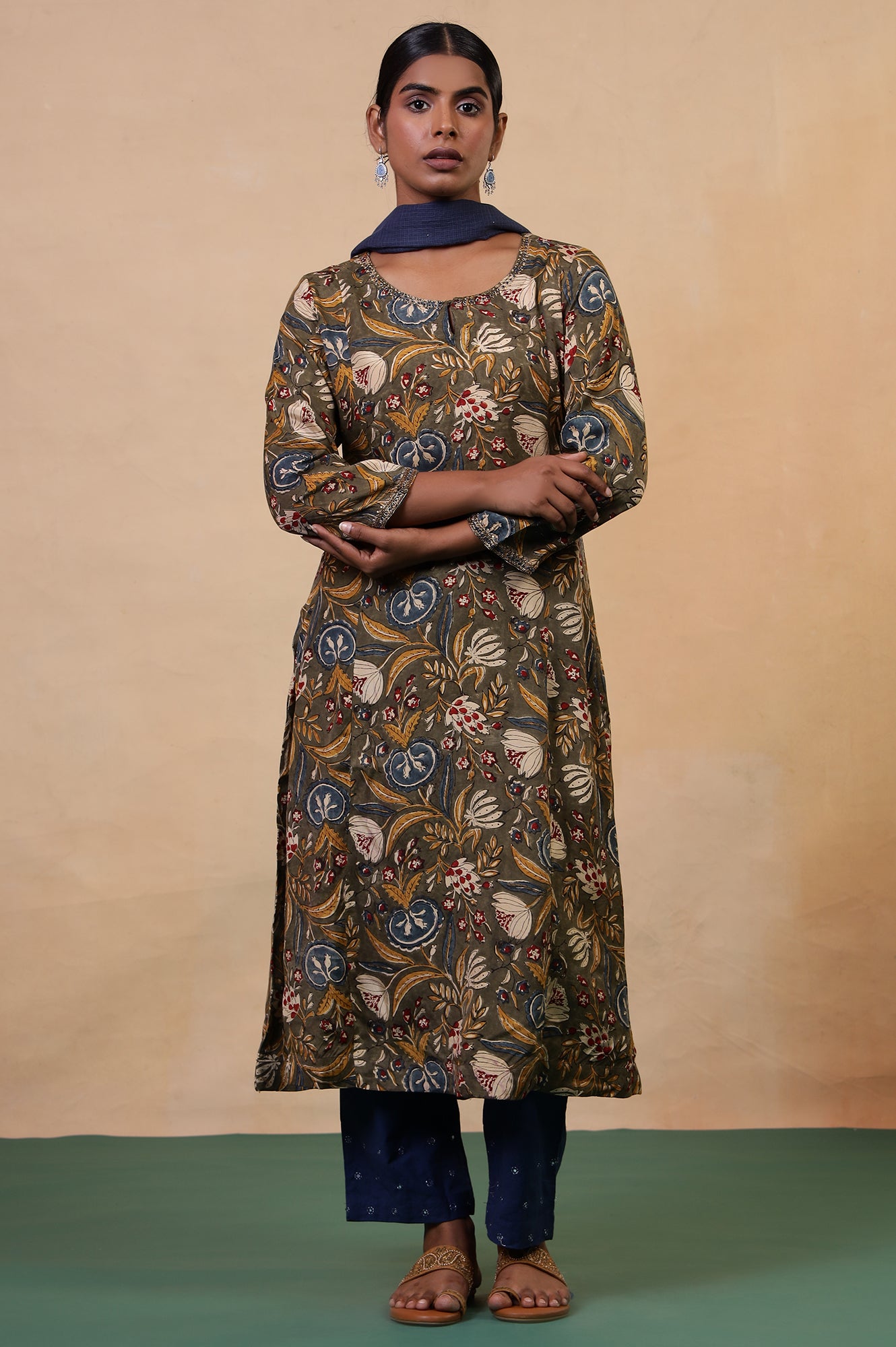 Folksong Golden Olive Floral Metallic Embroidered Viscose Flared Kurta