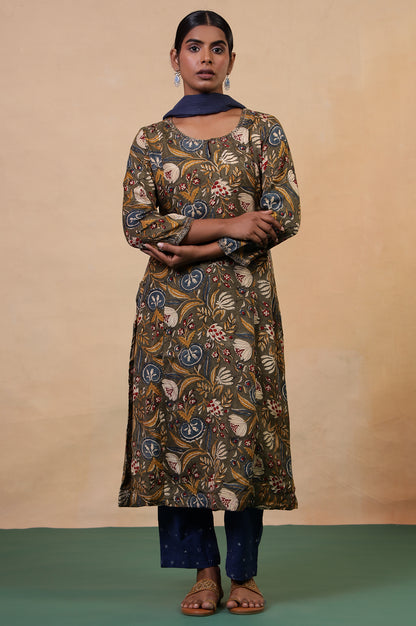 Folksong Golden Olive Floral Metallic Embroidered Viscose Flared Kurta