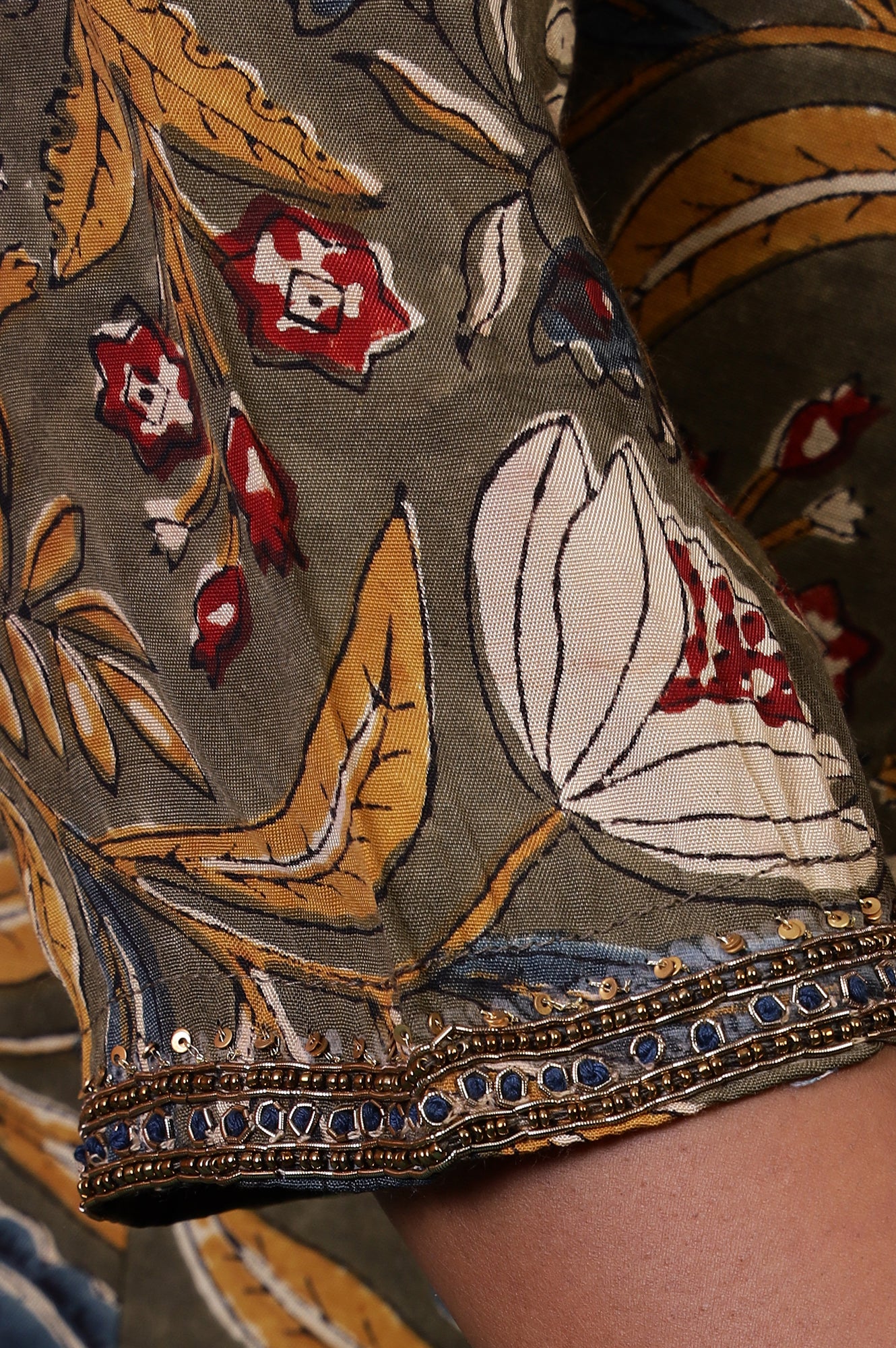 Folksong Golden Olive Floral Metallic Embroidered Viscose Flared Kurta