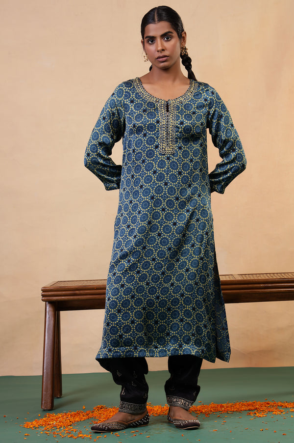 Folksong Indigo Viscose Straight-Fit Geometric Ajrakh Print Kurta