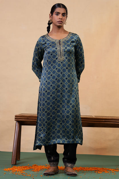 Folksong Indigo Viscose Straight-Fit Geometric Ajrakh Print Kurta