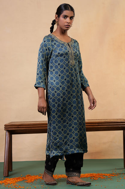 Folksong Indigo Viscose Straight-Fit Geometric Ajrakh Print Kurta