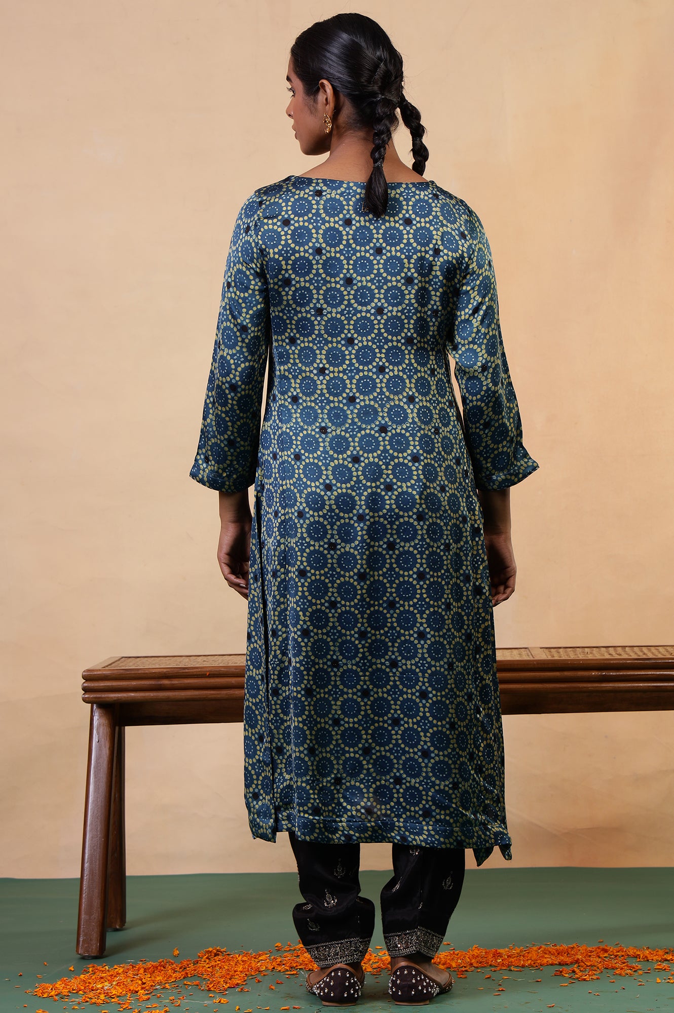 Folksong Indigo Viscose Straight-Fit Geometric Ajrakh Print Kurta