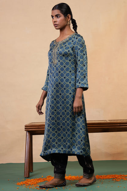 Folksong Indigo Viscose Straight-Fit Geometric Ajrakh Print Kurta