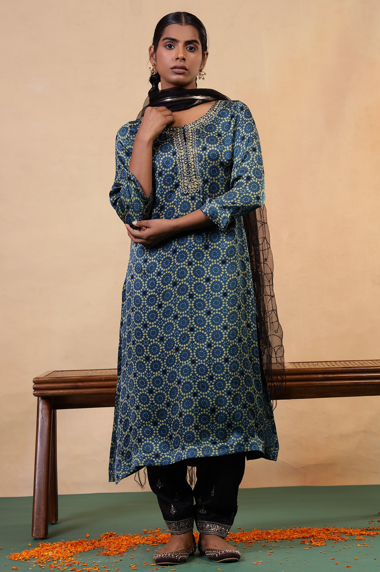 Folksong Indigo Viscose Straight-Fit Geometric Ajrakh Print Kurta