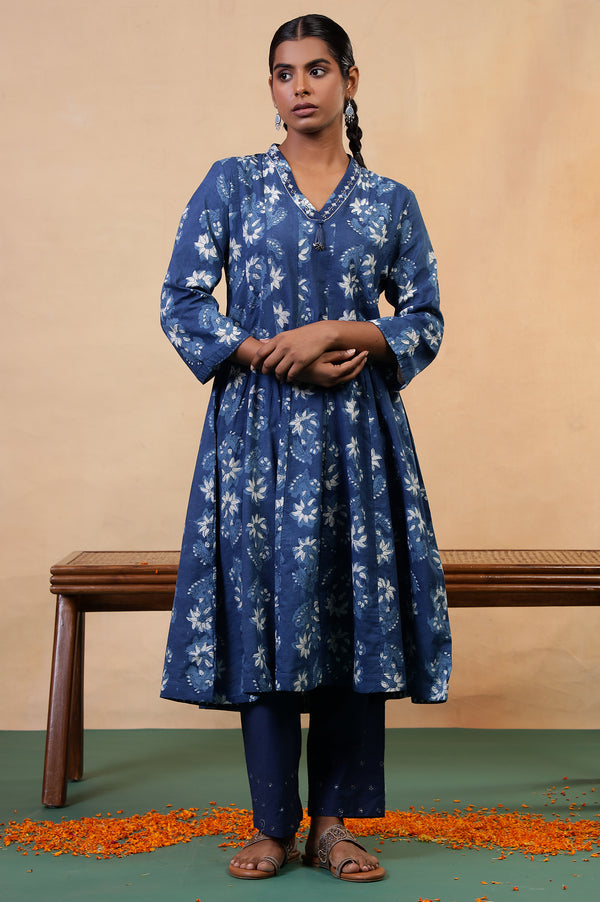 Folksong Indigo Blue Cotton Flared Floral Hand Block Printed Anarkali