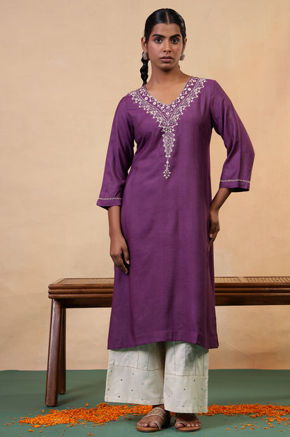 Folksong Prune Chikankari Embroidered Viscose A-Line Regular Kurta
