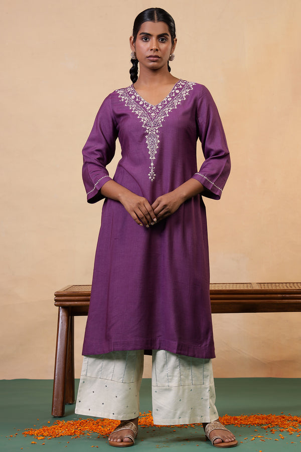 Folksong Prune Chikankari Embroidered Viscose A-Line Regular Kurta