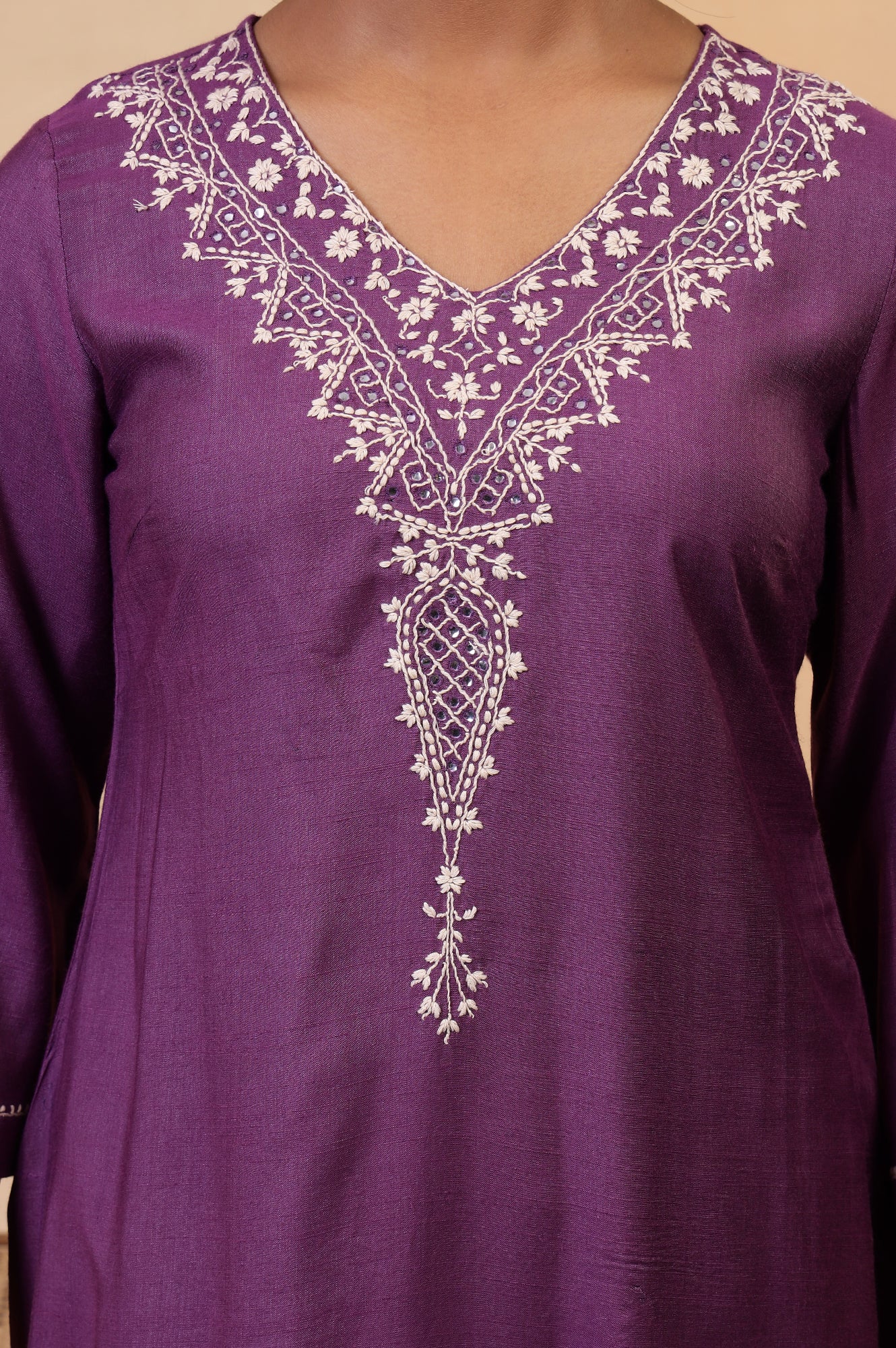 Folksong Prune Chikankari Embroidered Viscose A-Line Regular Kurta