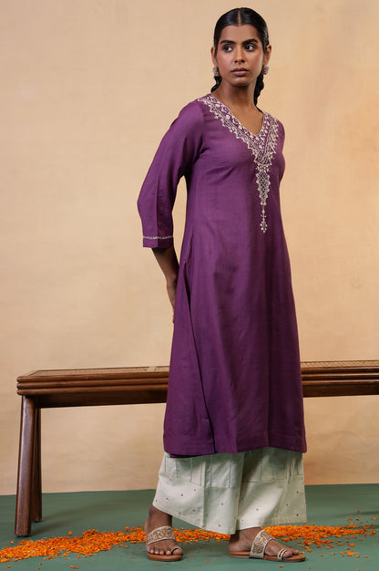 Folksong Prune Chikankari Embroidered Viscose A-Line Regular Kurta