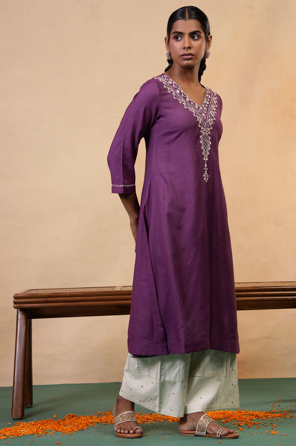 Folksong Prune Chikankari Embroidered Viscose A-Line Regular Kurta