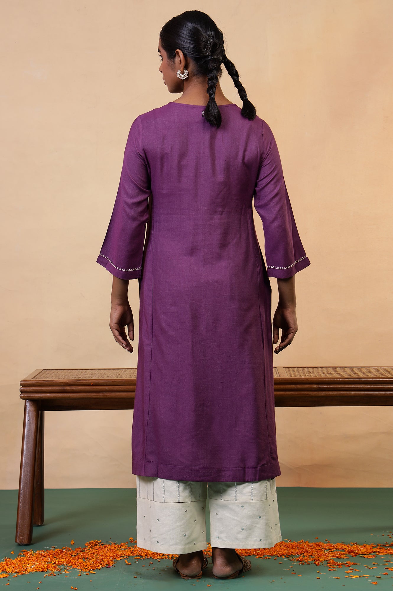 Folksong Prune Chikankari Embroidered Viscose A-Line Regular Kurta