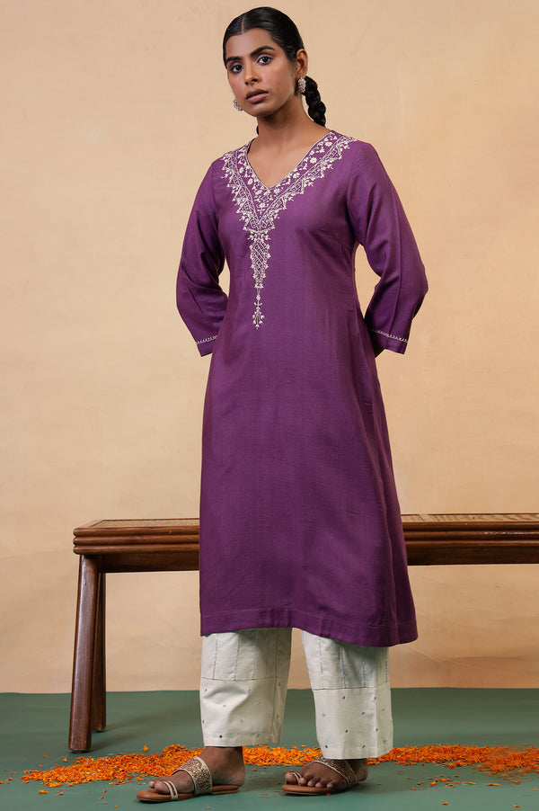 Folksong Prune Chikankari Embroidered Viscose A-Line Regular Kurta