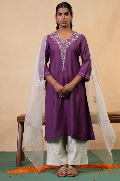 Folksong Prune Chikankari Embroidered Viscose A-Line Regular Kurta