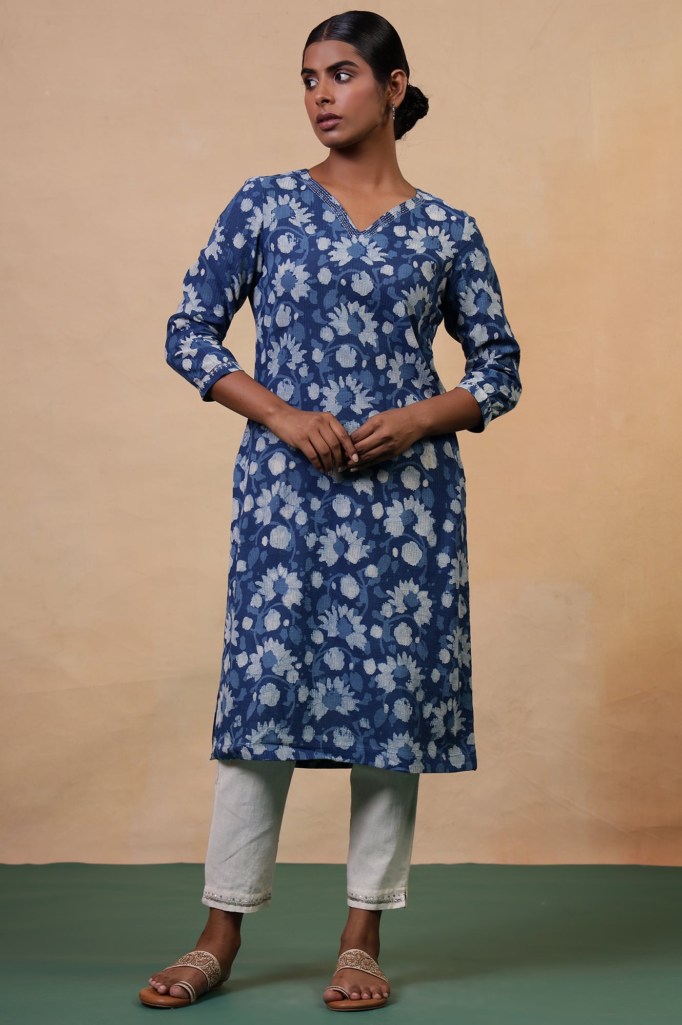 Folksong Indigo Floral Kantha Hand Block Printed Cotton Straight Kurta