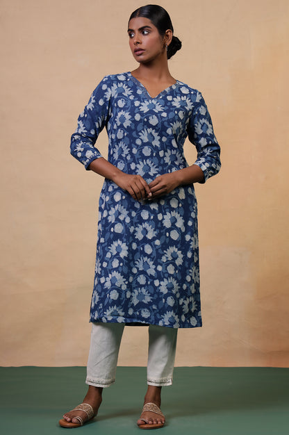 Folksong Indigo Floral Kantha Hand Block Printed Cotton Straight Kurta