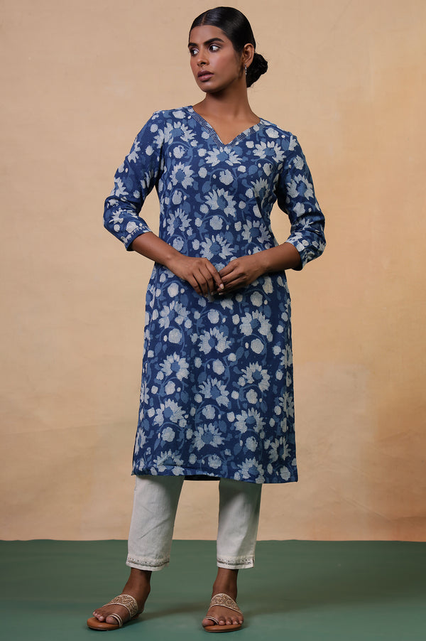 Folksong Indigo Floral Kantha Hand Block Printed Cotton Straight Kurta