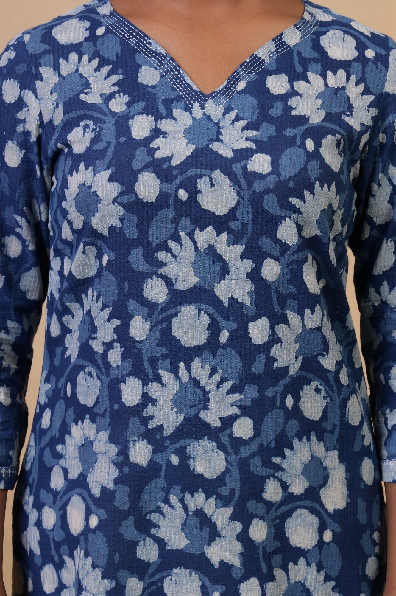 Folksong Indigo Floral Kantha Hand Block Printed Cotton Straight Kurta