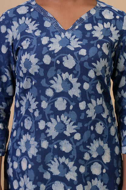 Folksong Indigo Floral Kantha Hand Block Printed Cotton Straight Kurta