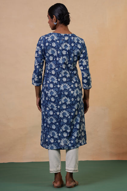 Folksong Indigo Floral Kantha Hand Block Printed Cotton Straight Kurta