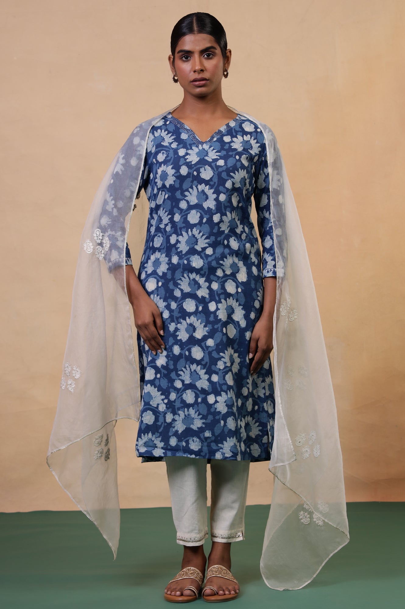 Folksong Indigo Floral Kantha Hand Block Printed Cotton Straight Kurta