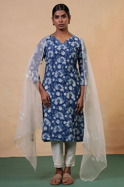 Folksong Indigo Floral Kantha Hand Block Printed Cotton Straight Kurta