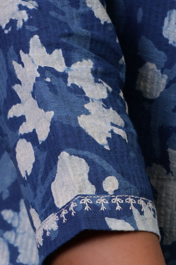 Folksong Indigo Floral Kantha Hand Block Printed Cotton Straight Kurta