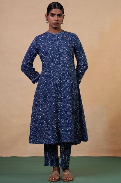 Folksong Indigo Cotton Regular Mirror Work Polka Dot Kurta