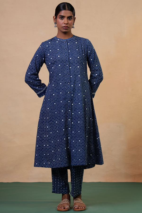 Folksong Indigo Cotton Regular Mirror Work Polka Dot Kurta
