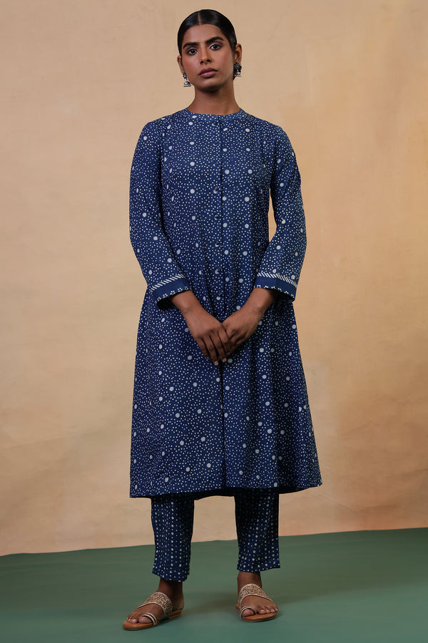 Folksong Indigo Cotton Regular Mirror Work Polka Dot Kurta