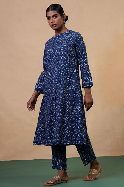 Folksong Indigo Cotton Regular Mirror Work Polka Dot Kurta