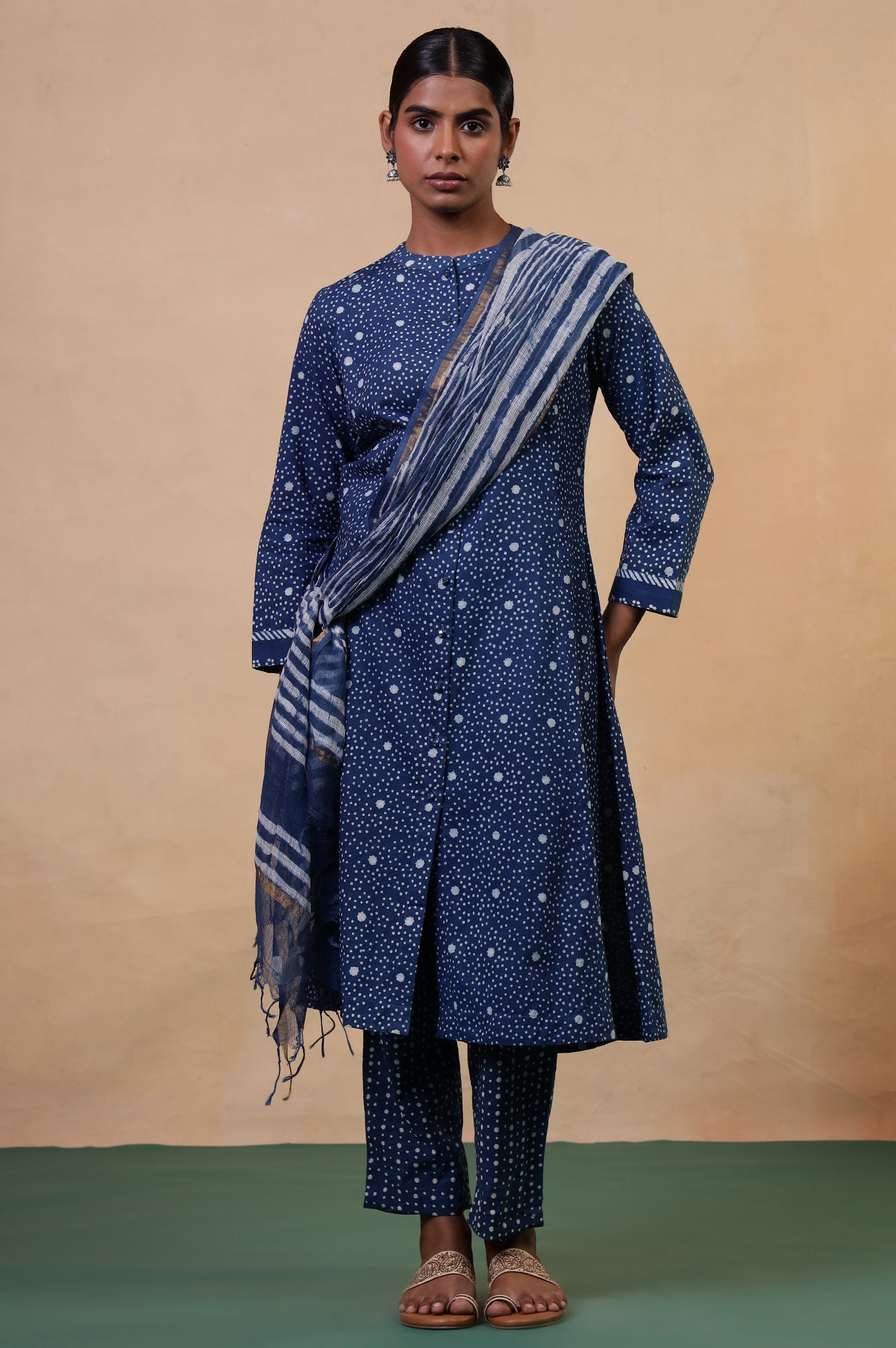 Folksong Indigo Cotton Regular Mirror Work Polka Dot Kurta