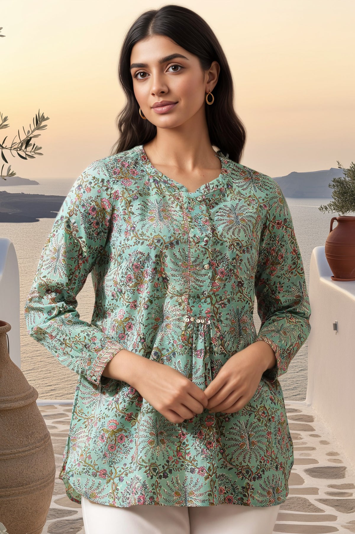 Mist Green Hand Block Printed Top - XS
