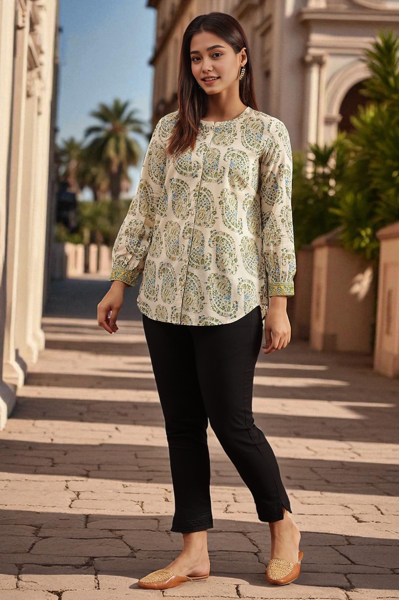 Ecru Hand Block Printed Shirt