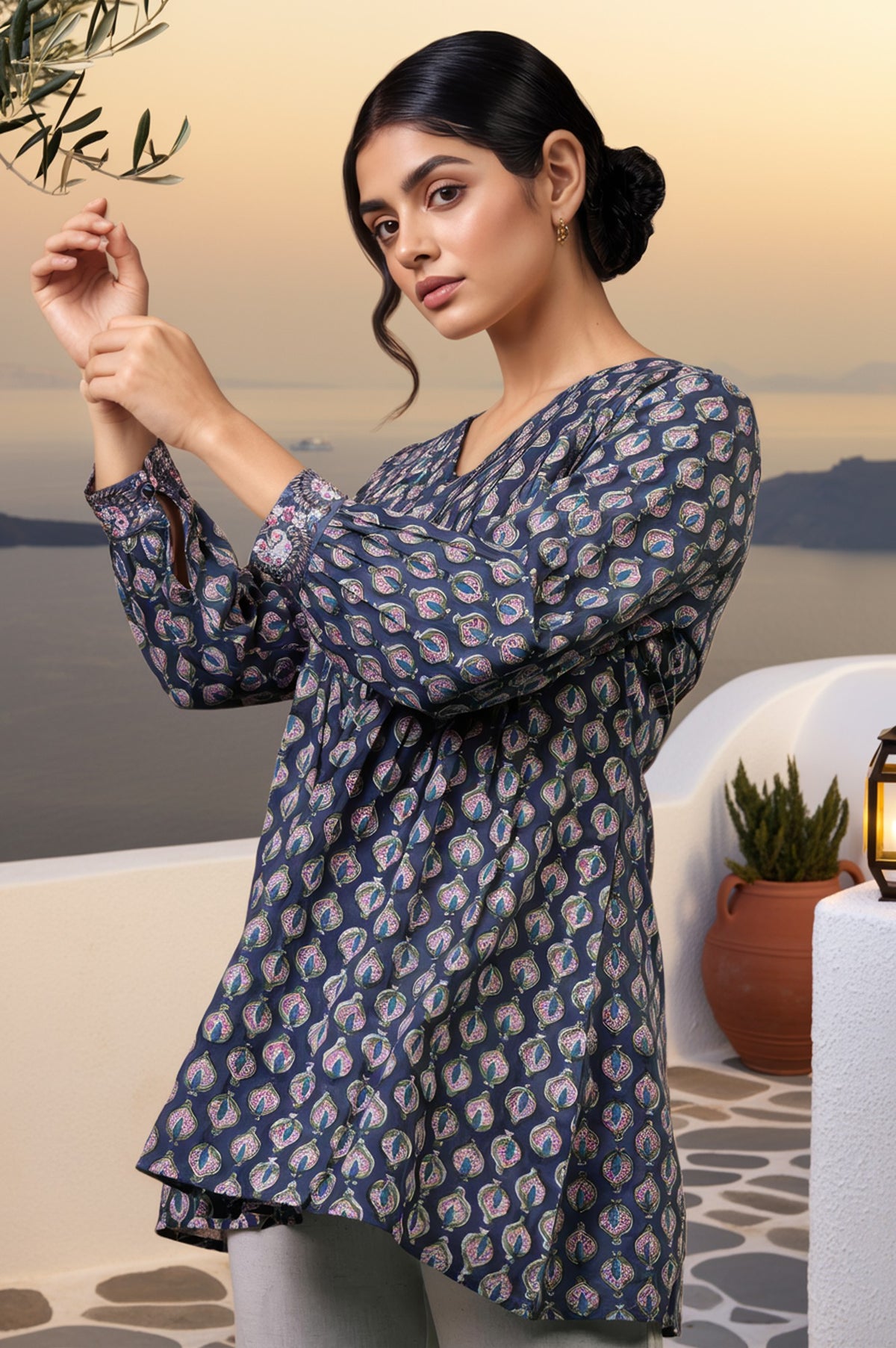 Folksong Yale Blue Ethnic Motif Mirror Work Cotton A-Line Tunic - XS