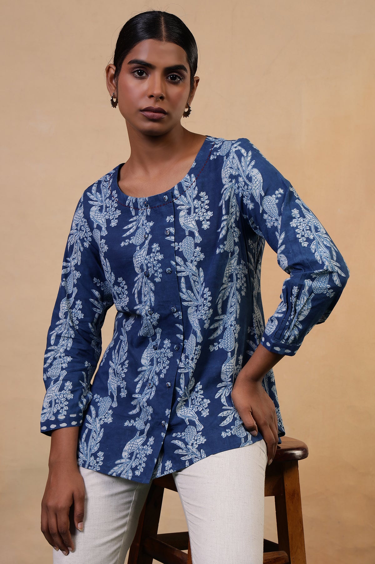 Folksong Indigo Cotton Straight-Fit Tropical Hand Block Printed Top - XS