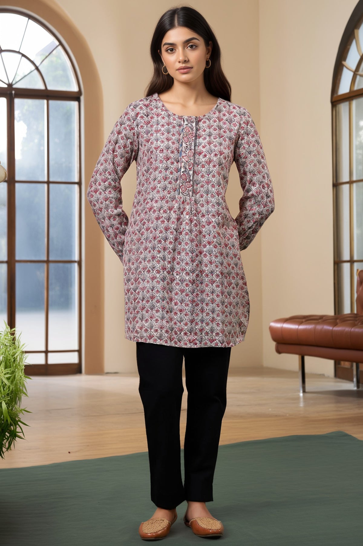 Folksong Ecru Viscose Blend Straight-Fit Floral Hand Block Printed Top - XS