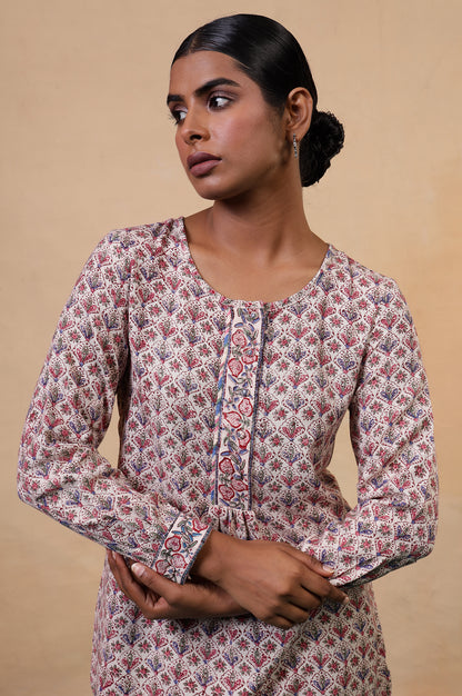 Folksong Ecru Viscose Blend Straight-Fit Floral Hand Block Printed Top