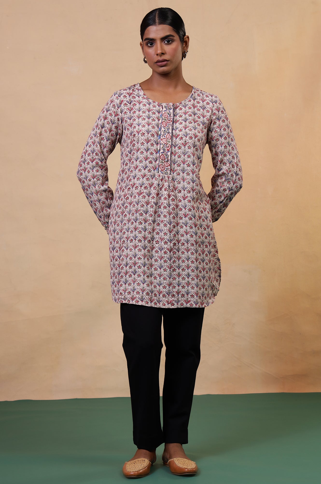 Folksong Ecru Viscose Blend Straight-Fit Floral Hand Block Printed Top