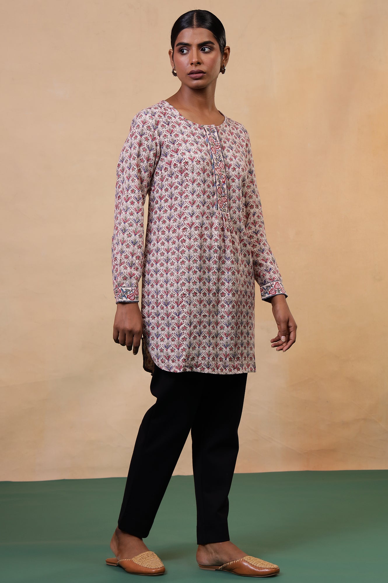 Folksong Ecru Viscose Blend Straight-Fit Floral Hand Block Printed Top