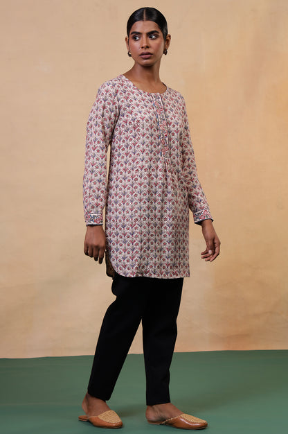 Folksong Ecru Viscose Blend Straight-Fit Floral Hand Block Printed Top