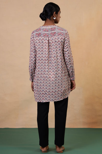 Folksong Ecru Viscose Blend Straight-Fit Floral Hand Block Printed Top