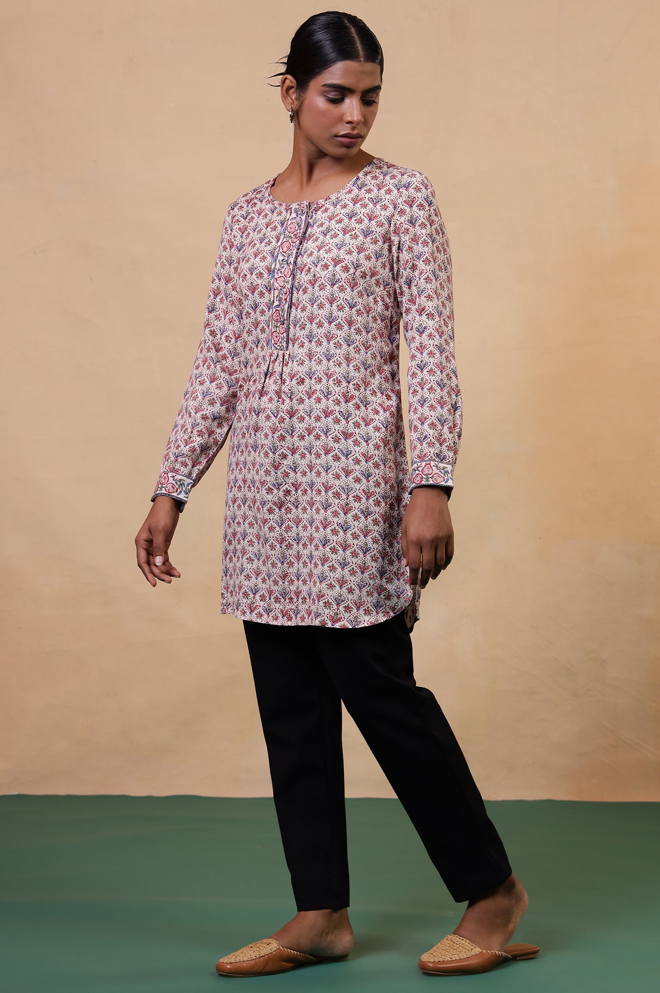 Folksong Ecru Viscose Blend Straight-Fit Floral Hand Block Printed Top