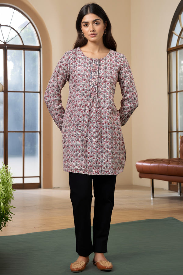 Folksong Ecru Viscose Blend Straight-Fit Floral Hand Block Printed Top