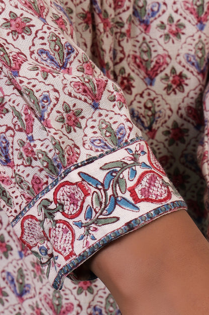 Folksong Ecru Viscose Blend Straight-Fit Floral Hand Block Printed Top