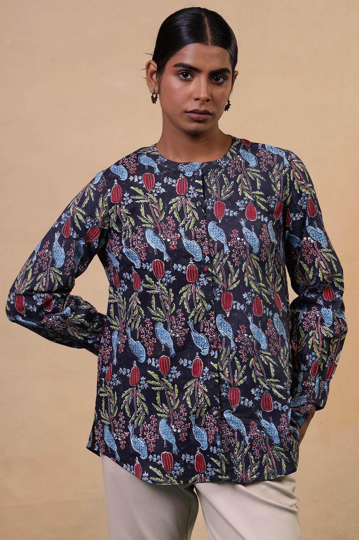 Folksong Navy Blue Cotton Straight-Fit Tropical Hand Block Printed Top - XS