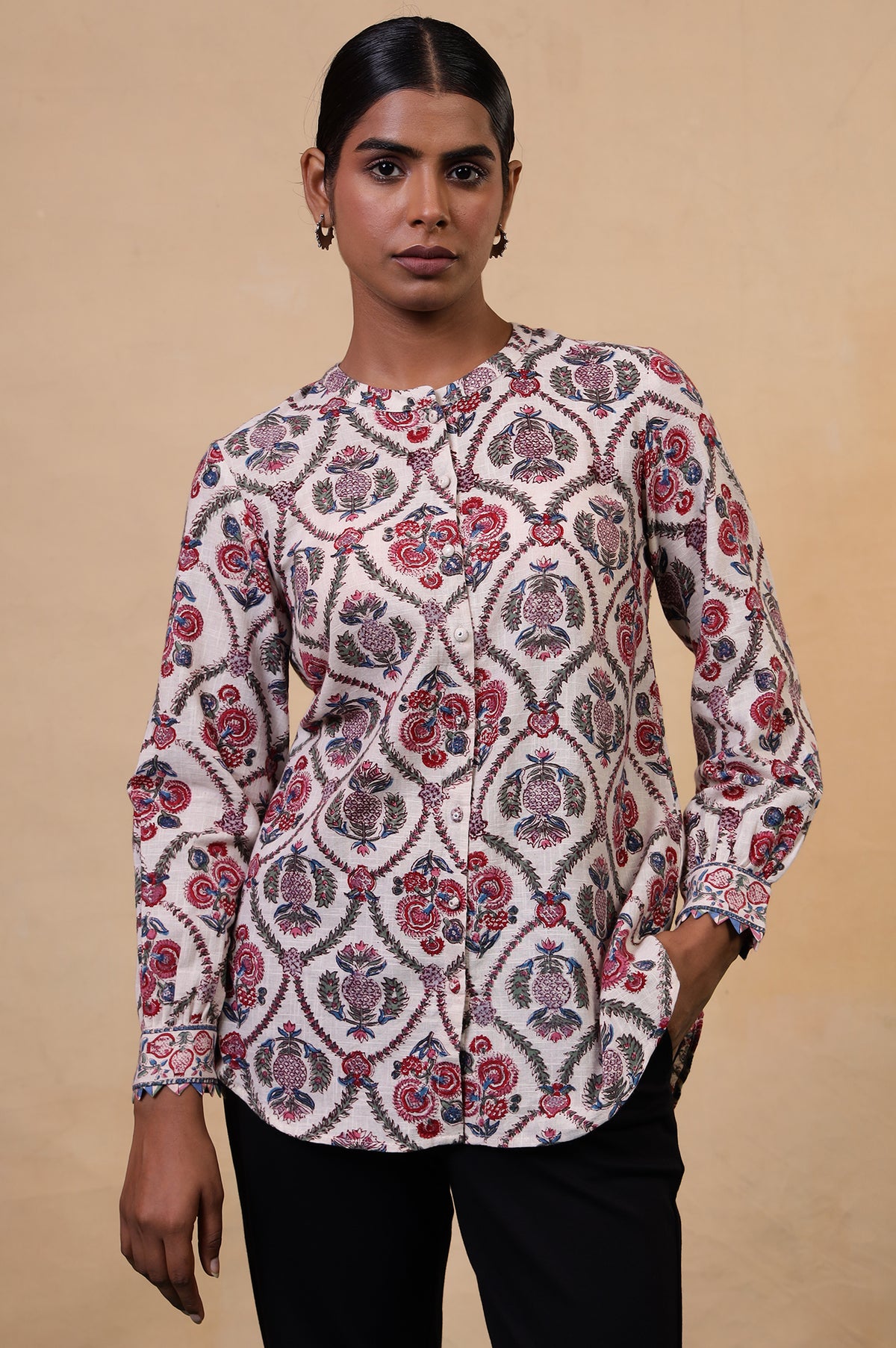 Folksong Ecru Floral Fabric Origami Hand Block Printed Cotton Tunic - XS