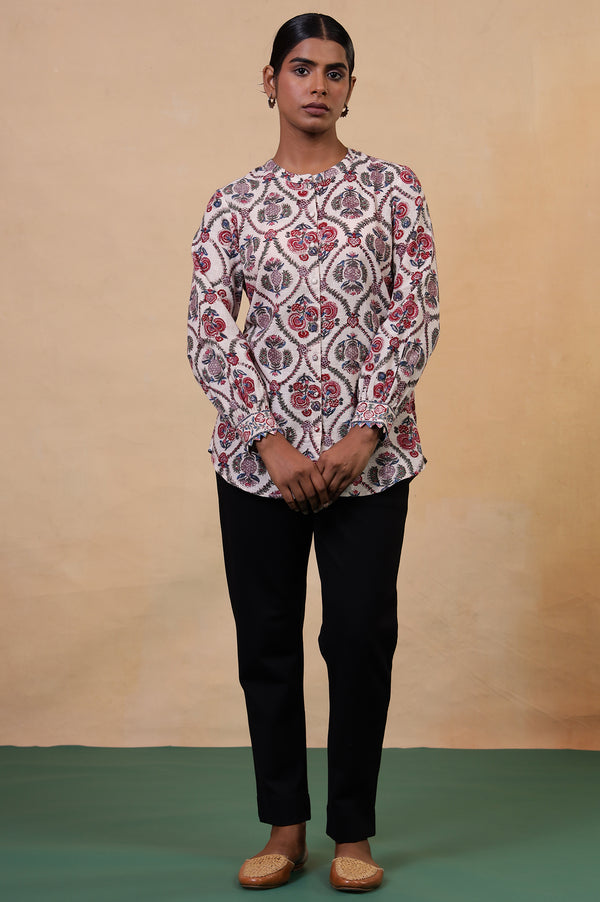 Folksong Ecru Floral Fabric Origami Hand Block Printed Cotton Tunic